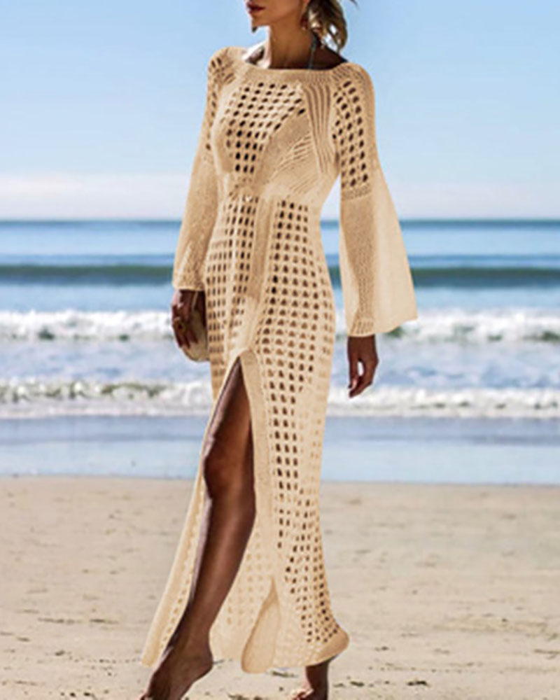 

High Slit Hollow Out Cover Up Dress, Beige