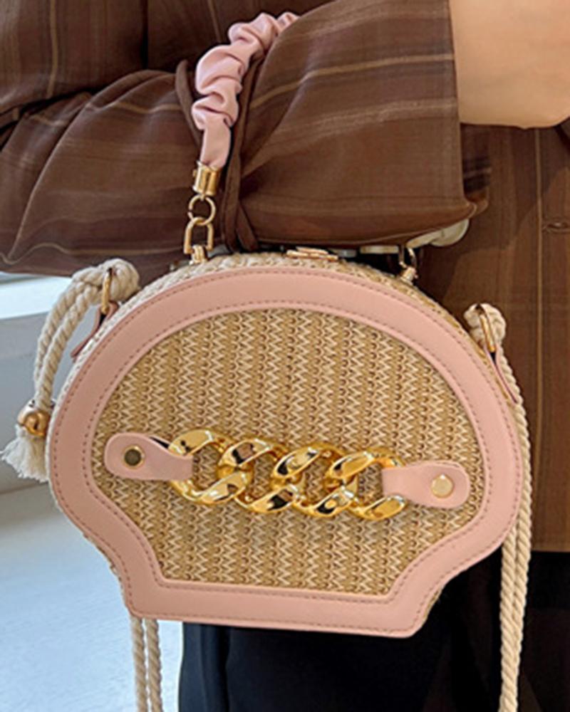 

Trendy Chain Decor Handbag Straw Crossbody Bag, Pink