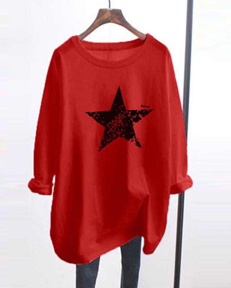 

Star Printing Long Sleeve T-shirt, Red