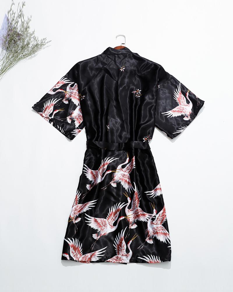 

Crane Print Belted Satin Robe, Black