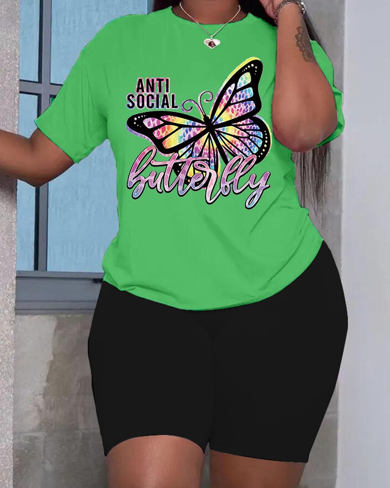 

Plus Size Butterfly Print Casual T-shirt & Shorts Set, Green