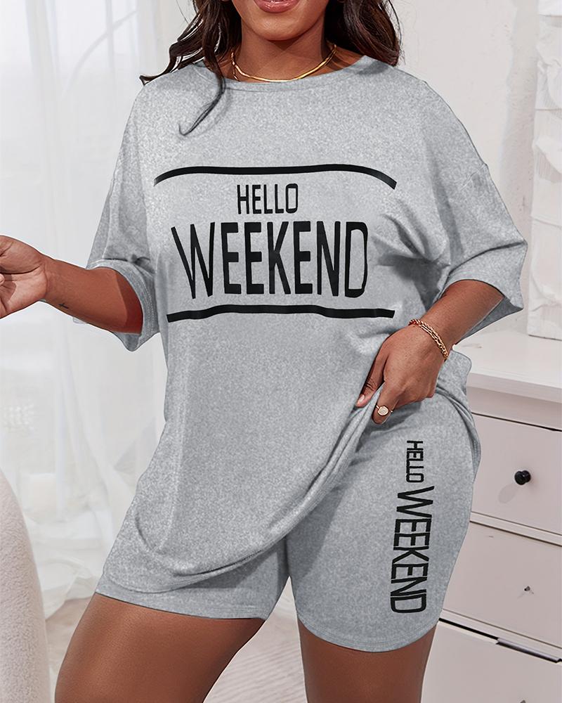 

Plus Size Hello Weekend Print Pajamas Set, Gray