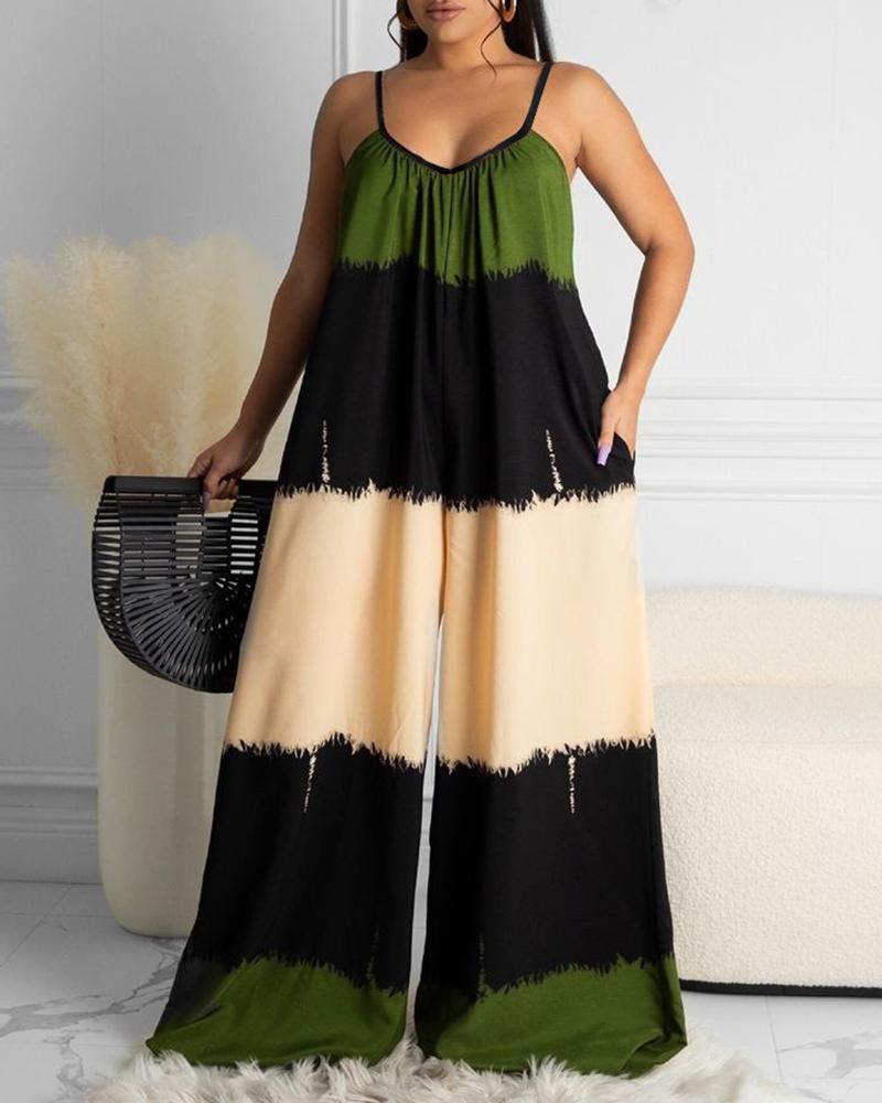 

Colorblock Pocket Design Ruched Wide Leg Jumpsuit, Green