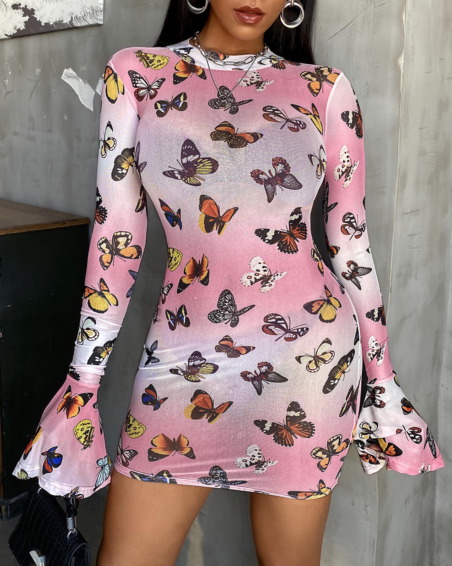 

Butterfly Print Bell Sleeve Bodycon Dress, Pink