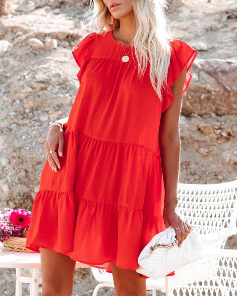

Flutter Sleeve Ruffle Hem Flowy Swing Dress, Red