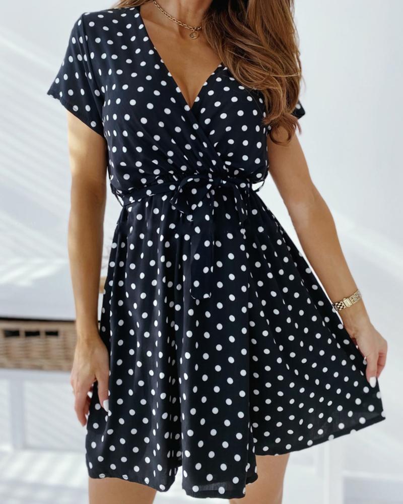 

Lace-up Polka Dot Short Sleeve Mini Dress, Black