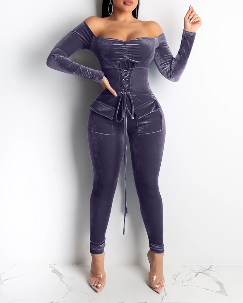 

Solid Long Sleeve Lace-up Jumpsuit, Gray