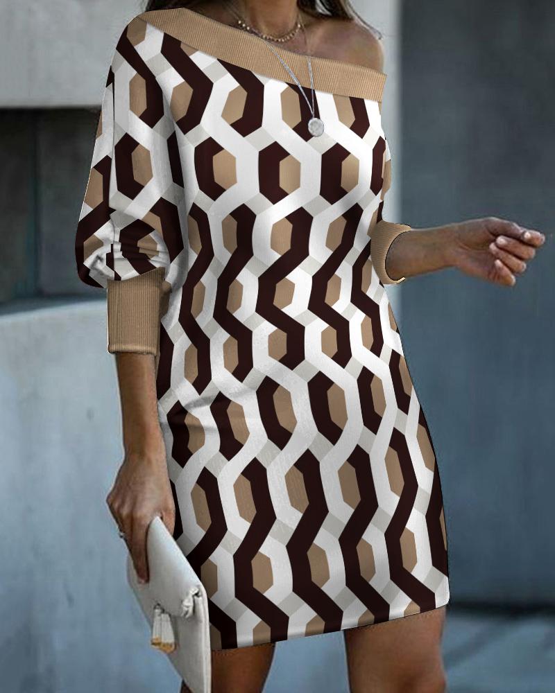 

Geometric Print Long Sleeve Casual Dress, Khaki