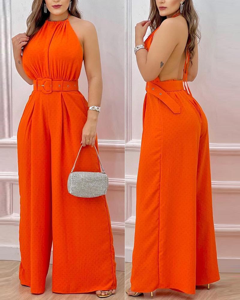 

Halter Backless Belted Wide Leg Jumpsuit, Orange