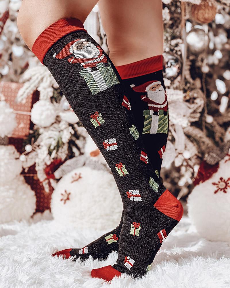 

1Pair Christmas Gift Santa Print Long Socks, Black