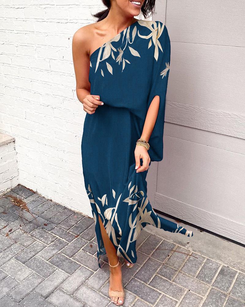 

Plants Print One Shoulder Split Hem Maxi Dress, Purplish blue