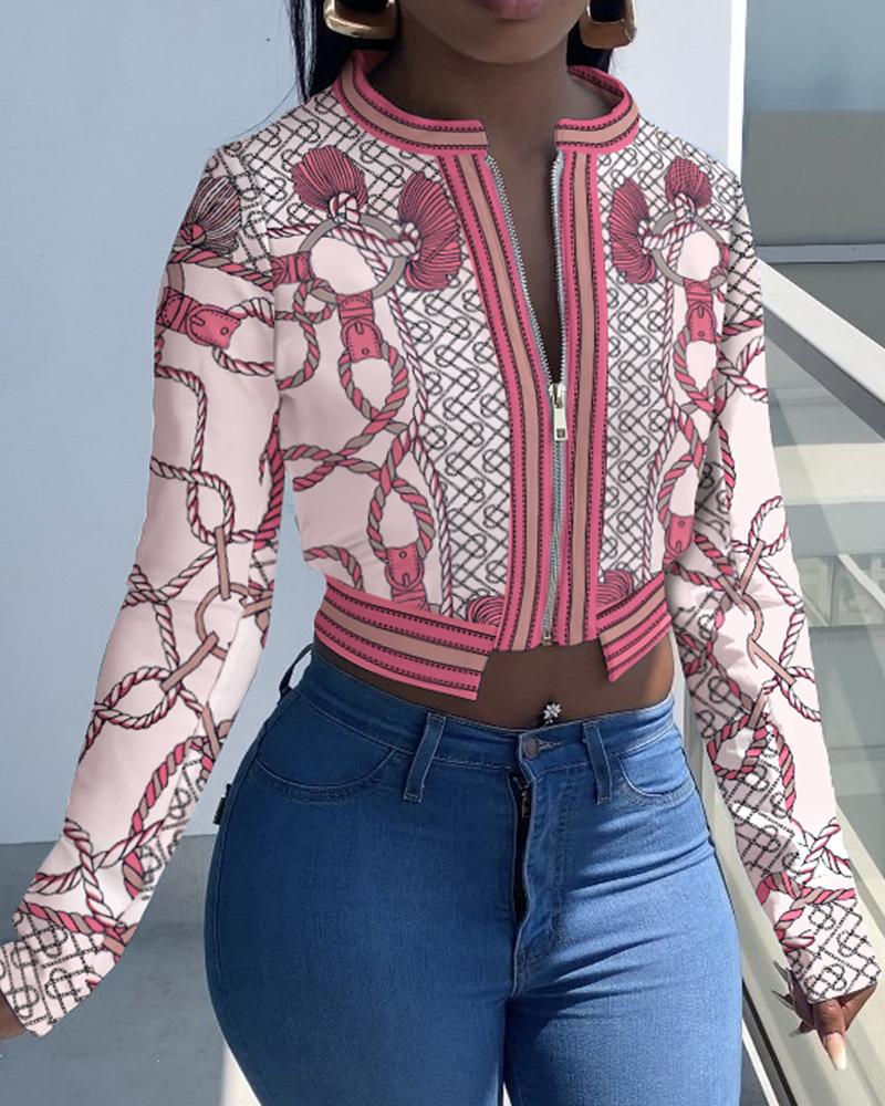 

Scarf Print Zip Front Long Sleeve Crop Coat, Pink