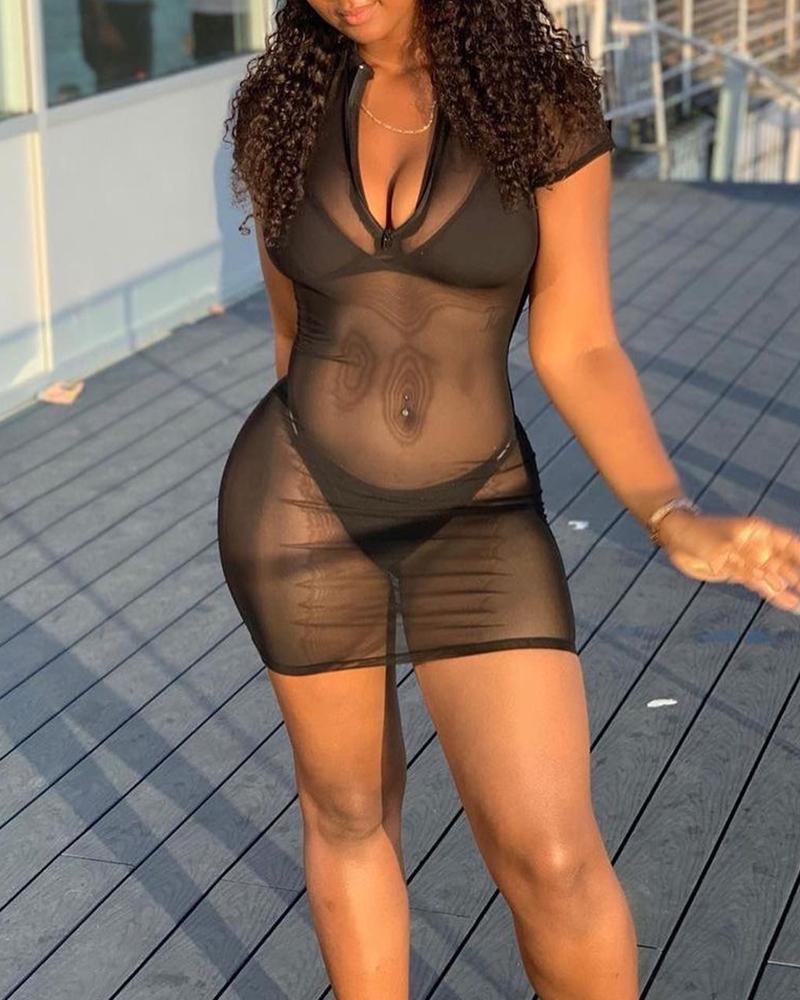 

Solid Short Sleeve Mesh Skinny Mini Dress, Black