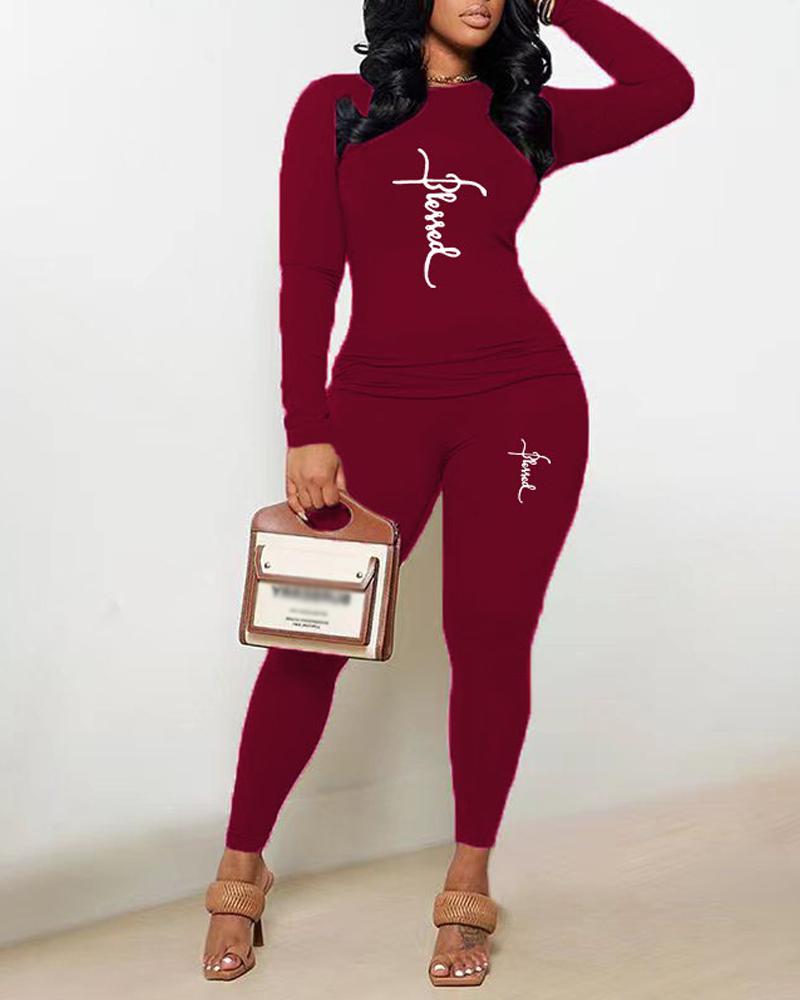 

Plus Size Letter Print Long Sleeve Casual Top & Pants Set, Red
