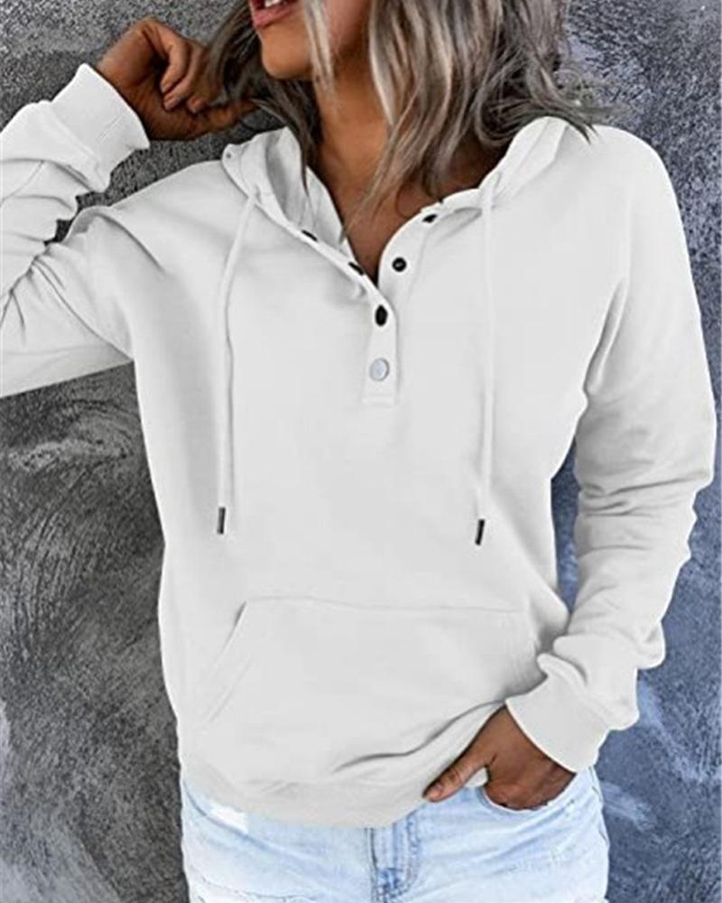 

Button Detail Long Sleeve Drawstring Hoodie, White