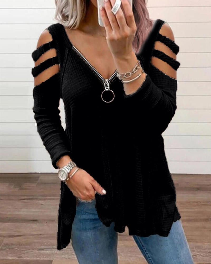 

Zipper Design Cutout Long Sleeve Top, Black