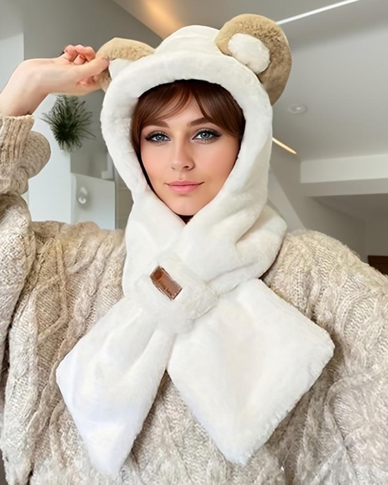 

Fuzzy Winter Thermal Earmuffs One-Piece Scarf Hat With Bear Ears, White