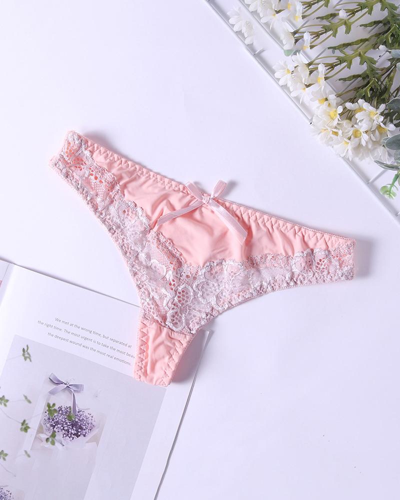 

Sexy Women Lace Patchwork Low Waist Thong With Knotbow, Gray