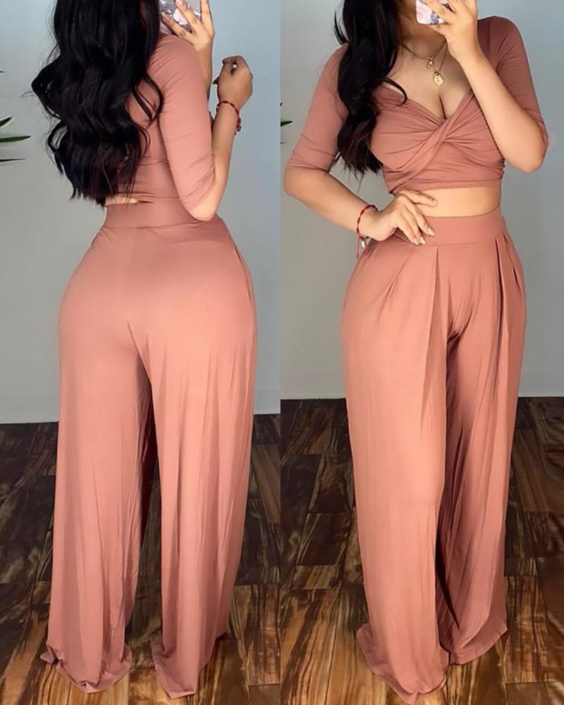 

Twisted Crop Top & Wide Leg Pants Set, Pink