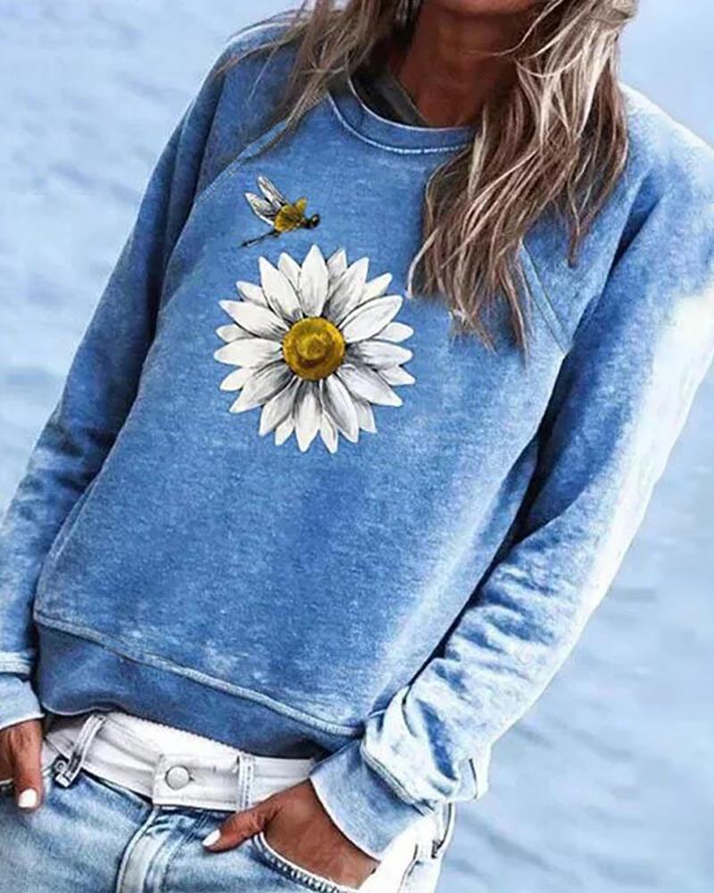 

Daisy Print Insert Casual Sweatshirt, Blue