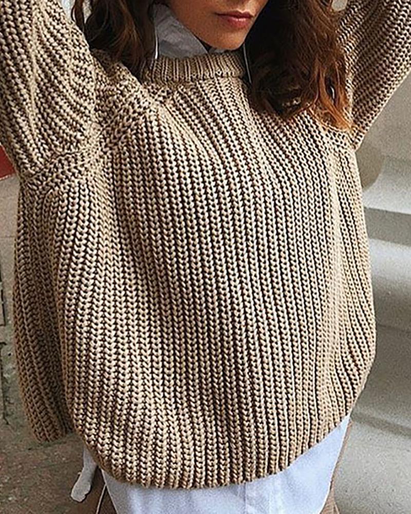 

Solid Long Sleeve Casual Sweater, Coffee