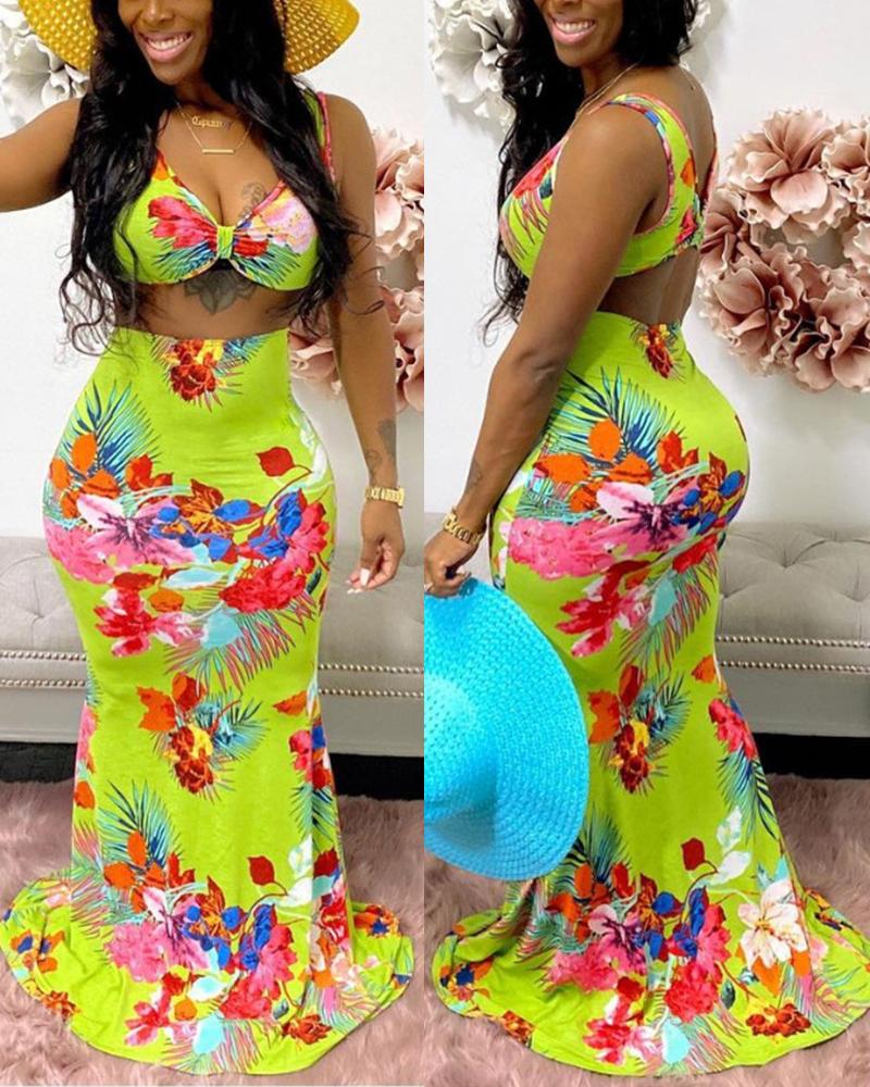 

Floral Print Sleeveless Bra With Slim Midi Slit Skirts Suit Sets, Green