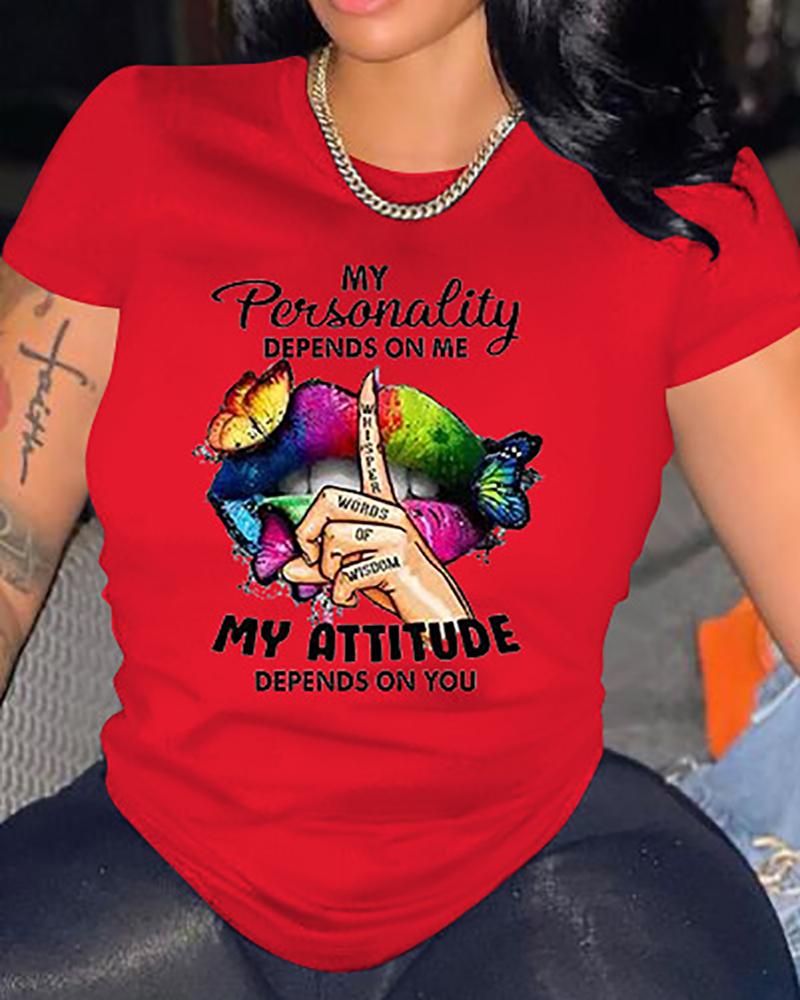 

Butterfly Slogan Print Short Sleeve Top, Red