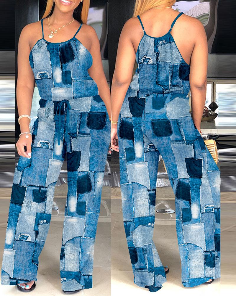 

Denim Look Print Spaghetti Strap Drawstring Jumpsuit, Blue