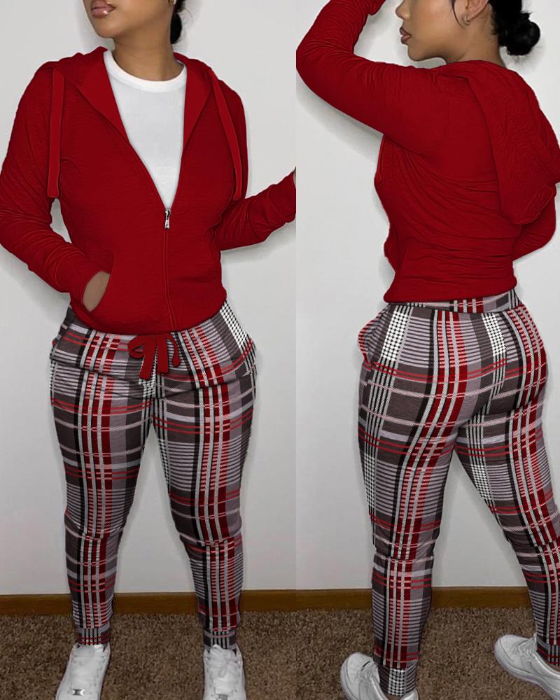 

Long Sleeve Zip Up Hooded Top & Plaid Print Pants Set, Red