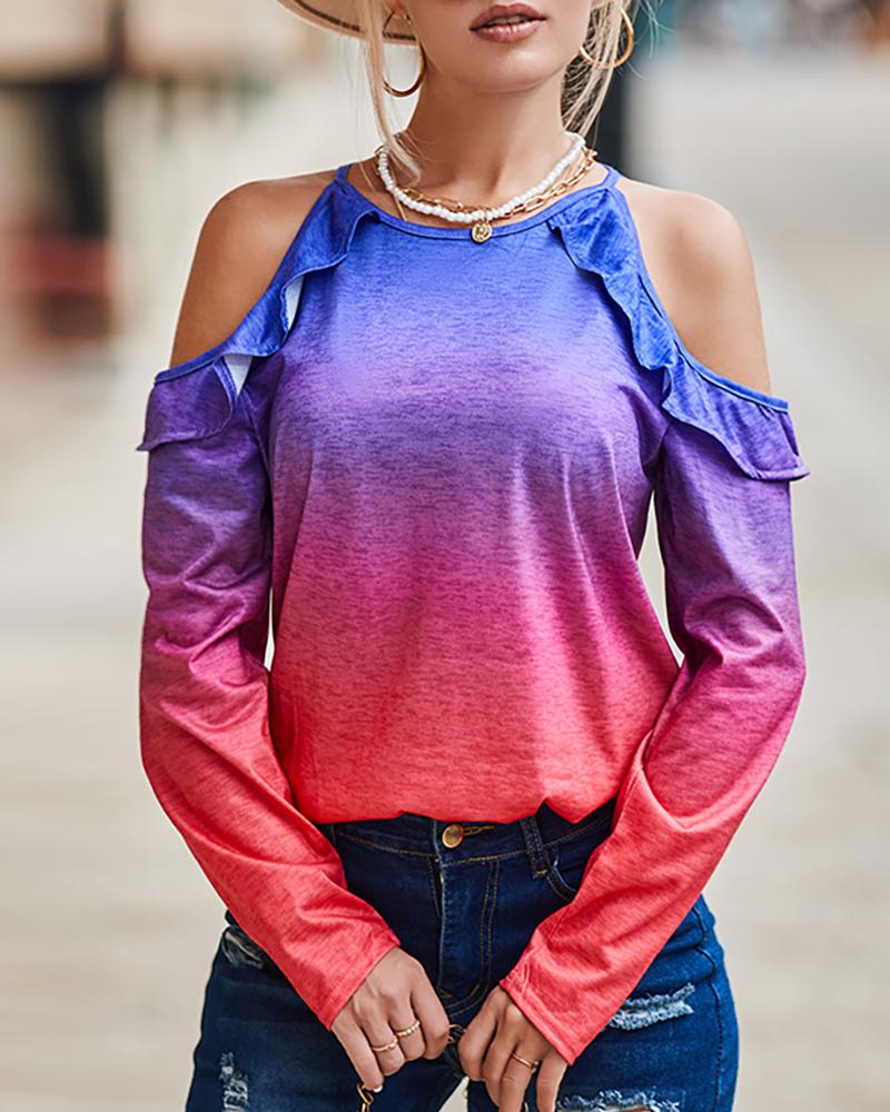 

Ombre Ruffle Hem Cold Shoulder Top, Multicolor