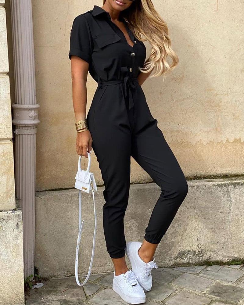 

Pocket Design Short Sleeve Buttoned Jumpsuit, Black