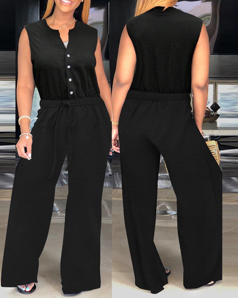 

Notch Neck Button Design Drawstring Jumpsuit, Black