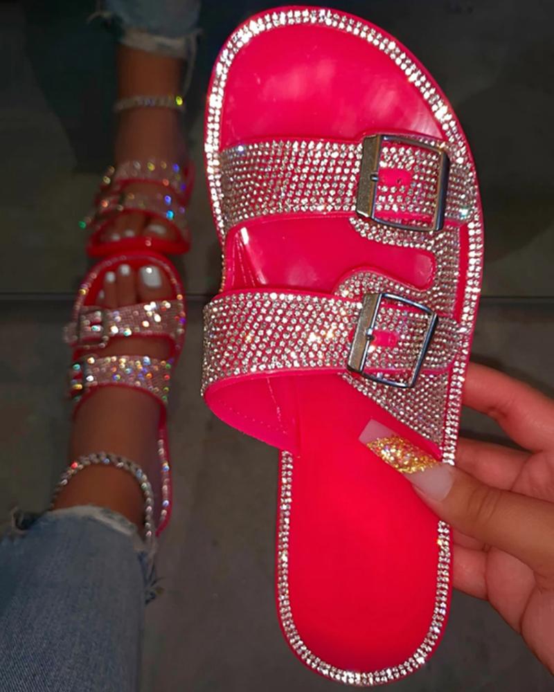 

Rhinestone Buckled Double Strap Slippers, Hot pink