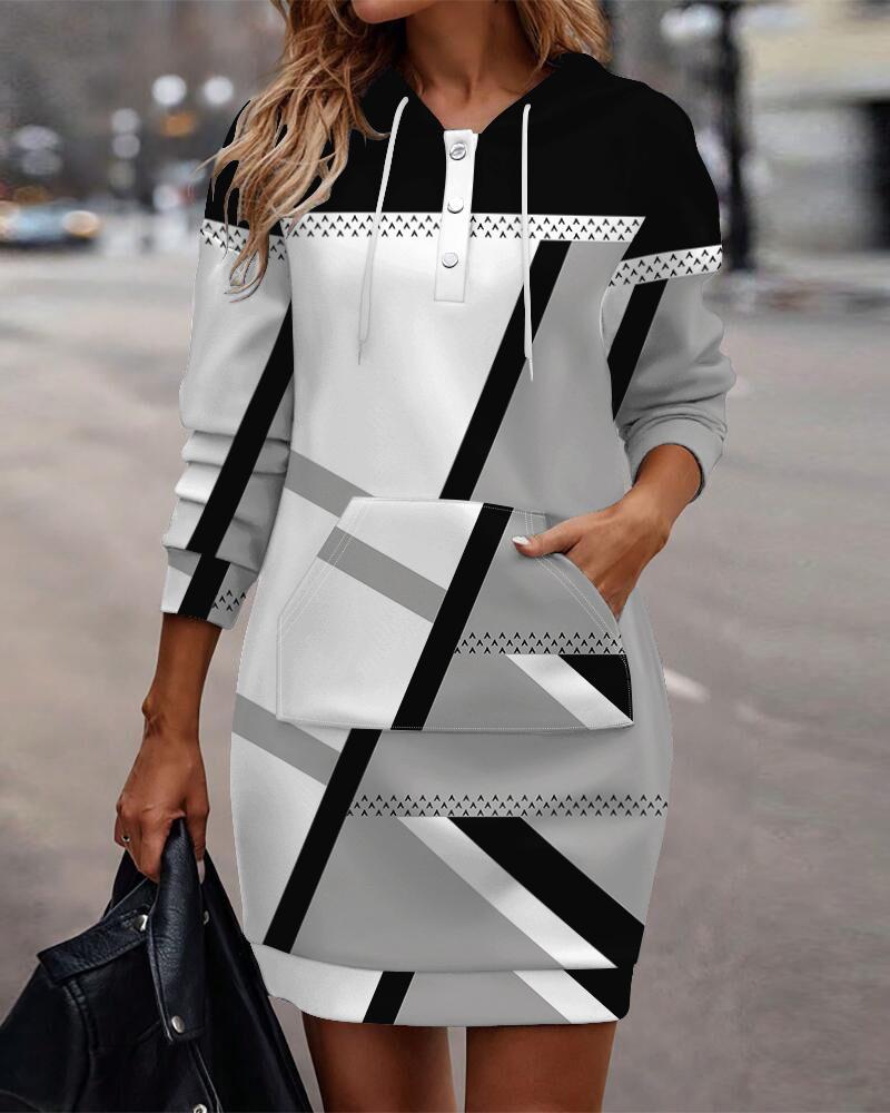 Geometric Print Pocket Design Hooded Casual Dress