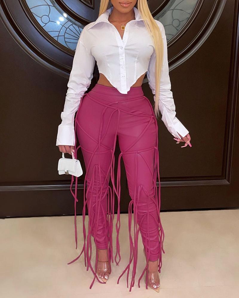 

Buttoned Asymmetrical Shirt & PU Leather Strap Decor Pants Set, Hot pink