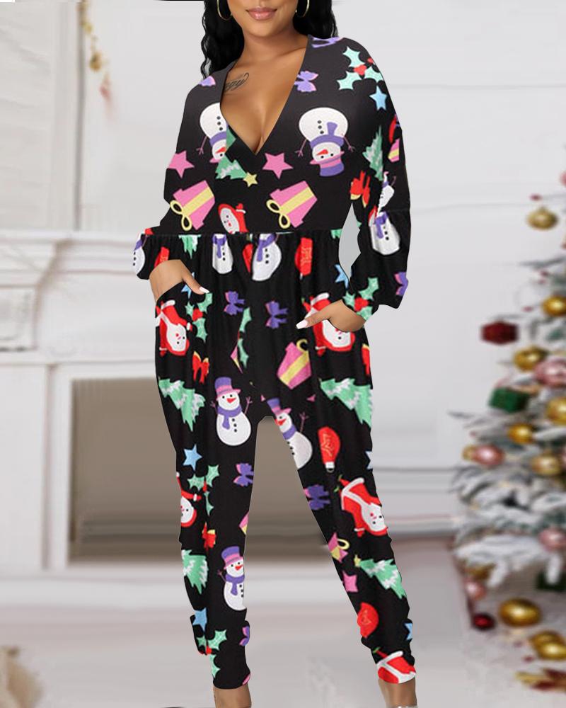 

Christmas Snowman Gift Tree Print Pocket Design Jumpsuit, Black