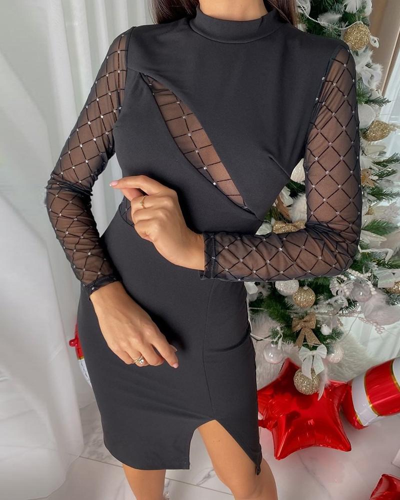 

Sheer Mesh Rhinestone Decor Slit Bodycon Dress, Black
