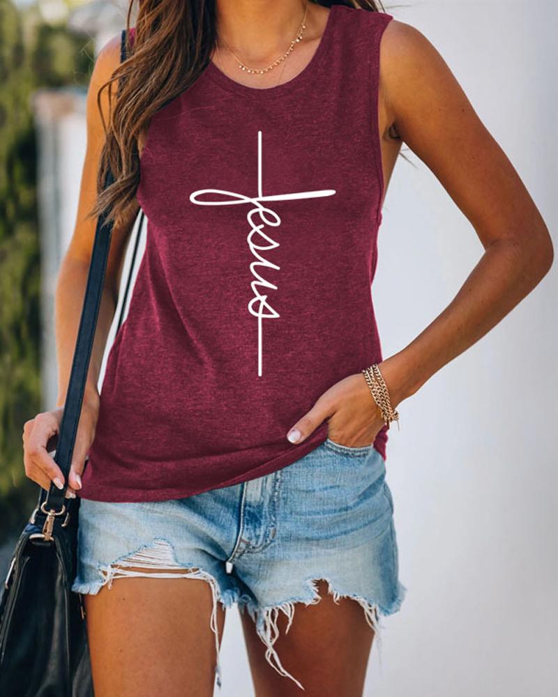 

Letter Cross Print Casual Tank Top, Wine red