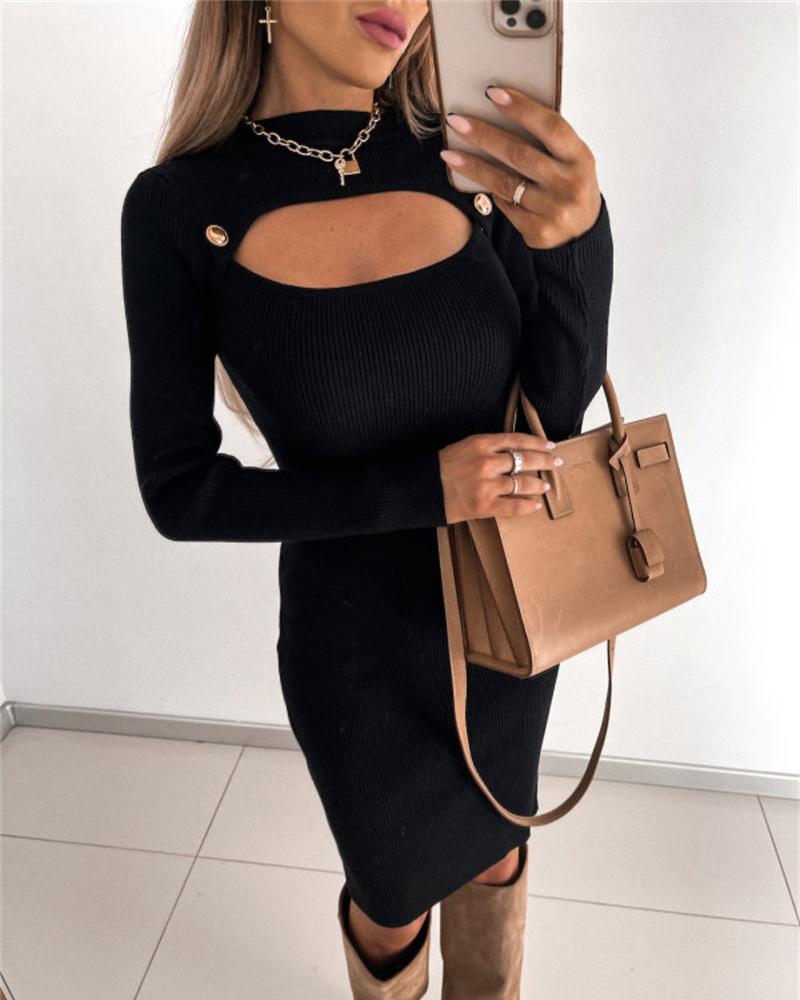 

Cutout Buttoned O Neck Bodycon Dress, Black