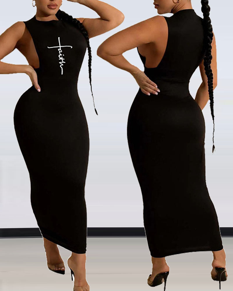 

Letter Print Sleeveless Bodycon Dress, Black
