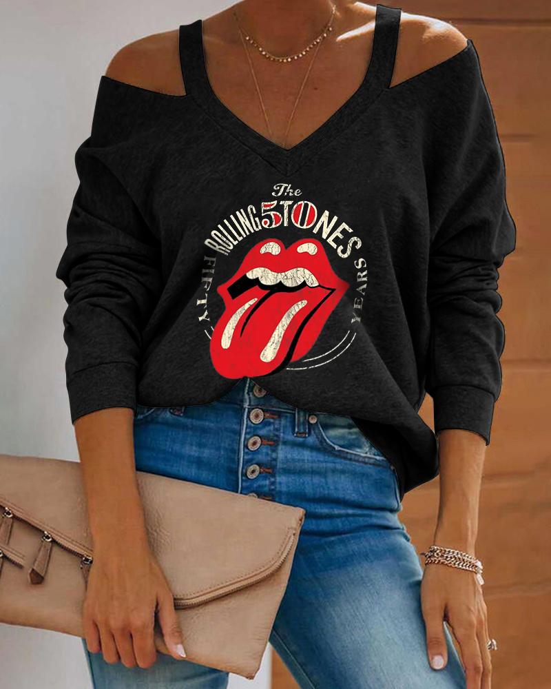 

Lip Letter Print Cold Shoulder Casual Top, Black