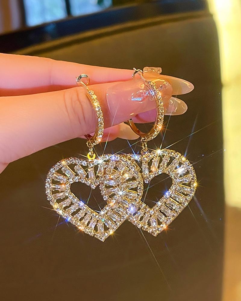 

1Pair Rhinestone Heart Pattern Drop Earrings, Gold