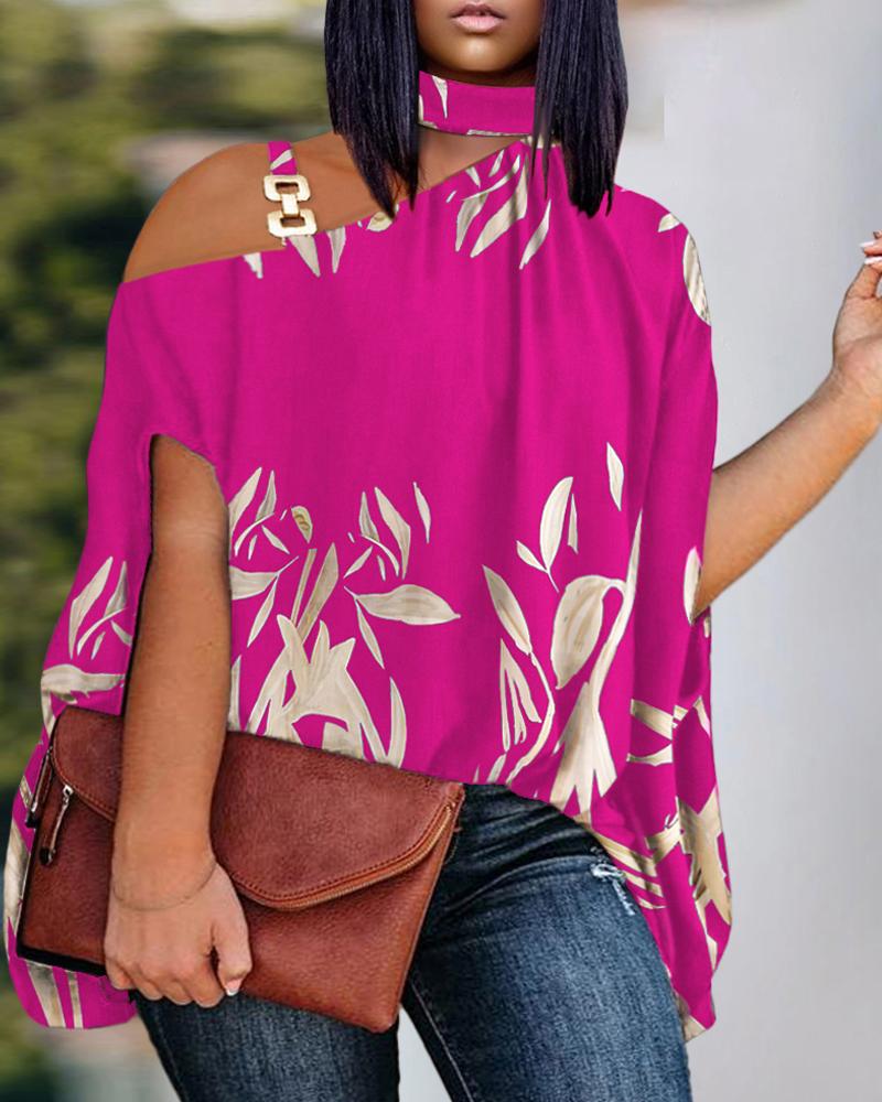 

Plus Size Plants Print Chain Decor Cold Shoulder Top, Hot pink