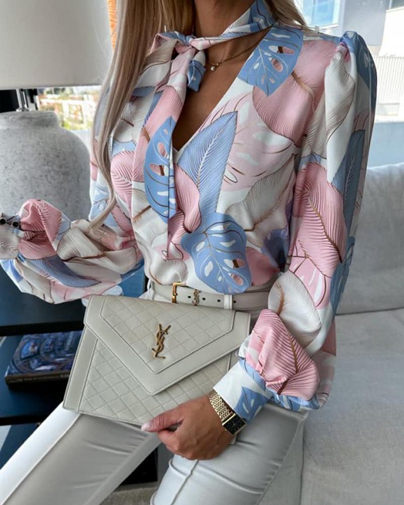 

Plants Print Tie Neck Lantern Sleeve Top, White