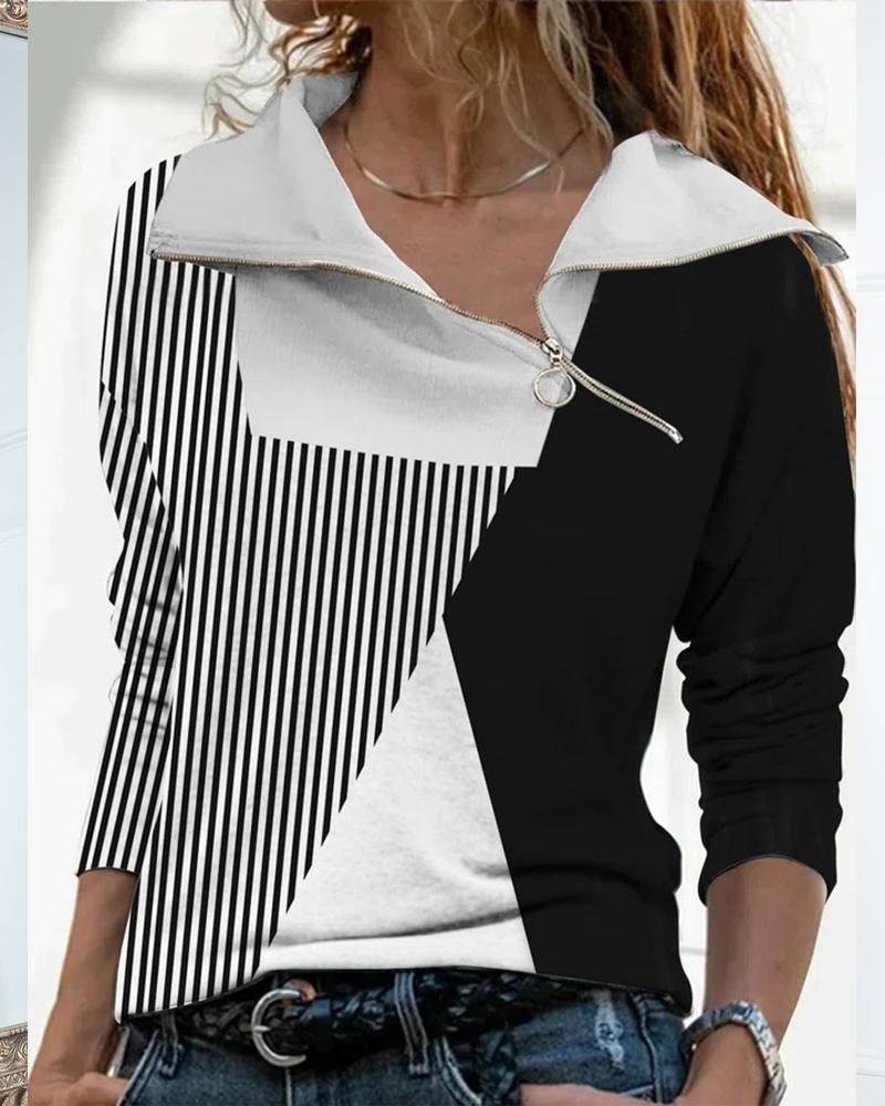 

Geometric Print Zip Detail Long Sleeve Sweatshirt, Black