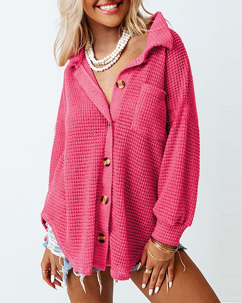 

Long Sleeve Button Down Waffle Knit Shacket, Hot pink