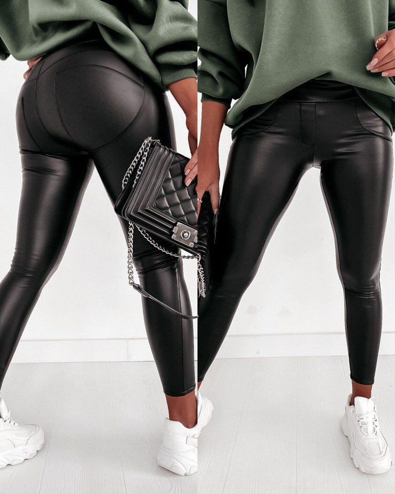 

Butt Lifting Skinny PU Leather Pants, Black