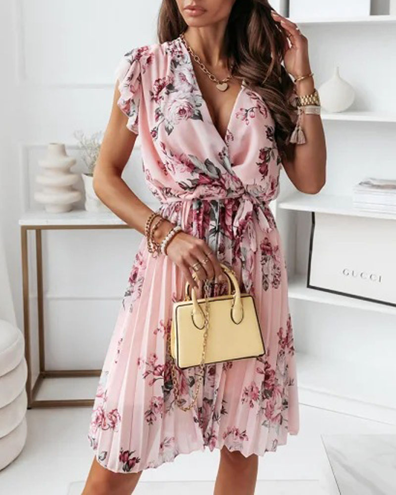 Floral Print Pleated Belted Wrap Dress