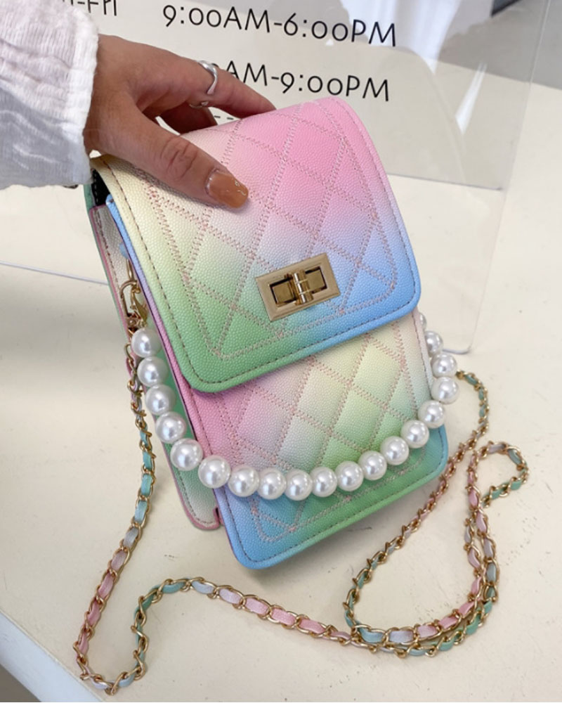 

Quilted Twist Lock Flap Shoulder Bag With Pearls Decor Handle, Multicolor