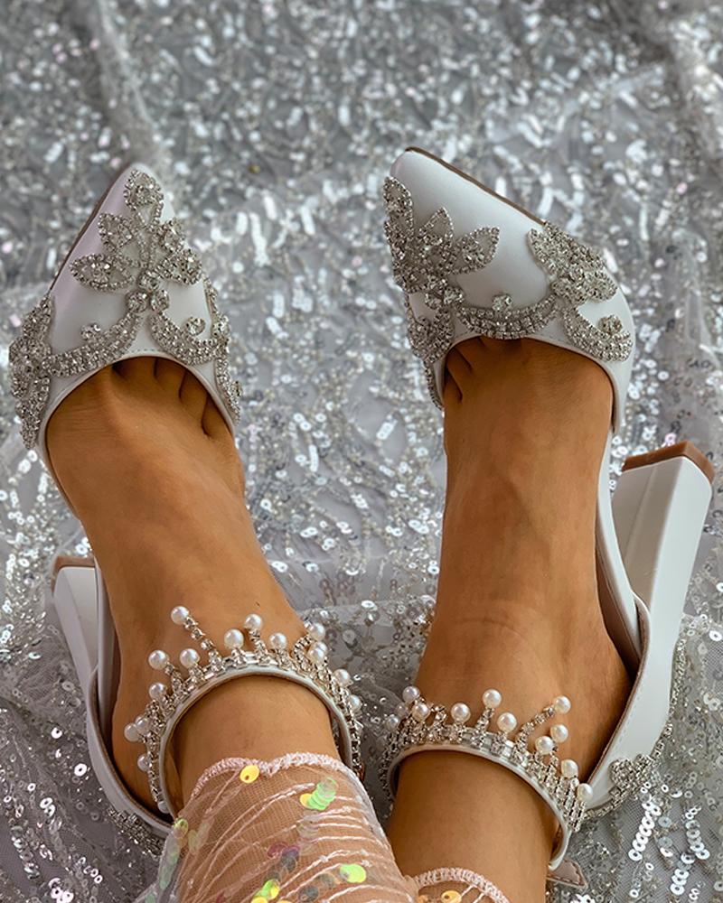 

Rhinestone Decor Beaded Tassel Chunky Heels, White